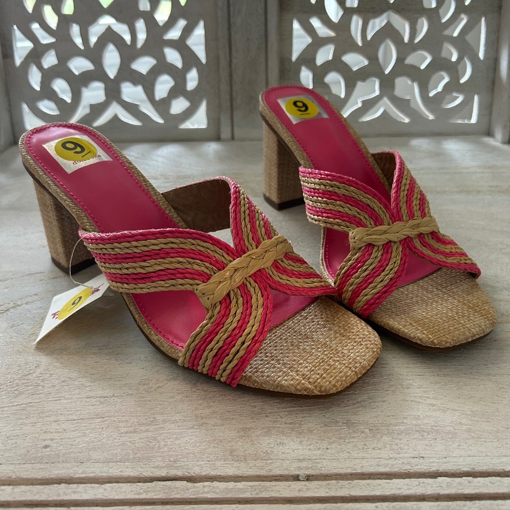 NWT  DV Dolce Vita Pink and Tan Raffia Haady Sandal High Heel Mule Size 9